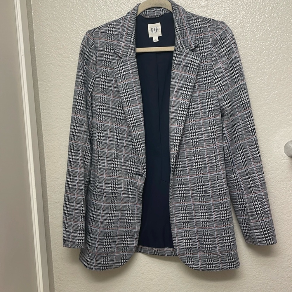 Gap blue patch pocket grid plaid knit blazer for women size 6
